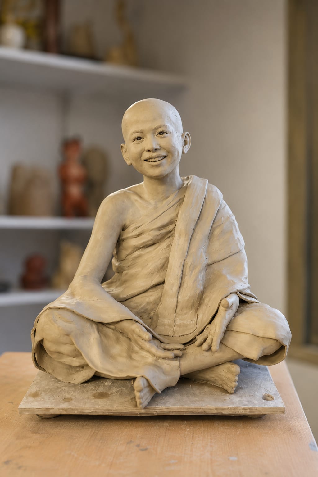 Seated monk in clay — serene smile